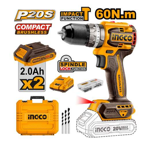 Ingco Compact Brushless Cordless Impact DrillBrushless motor Voltage 20V Max torque 60Nm