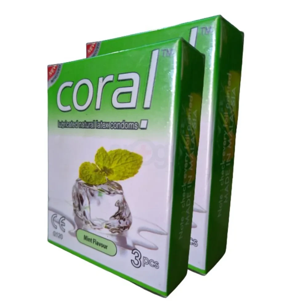 CORAL Mint Flavors Lubricated Latex Condom 2 packs combo (2 x 3 = 6 pcs)