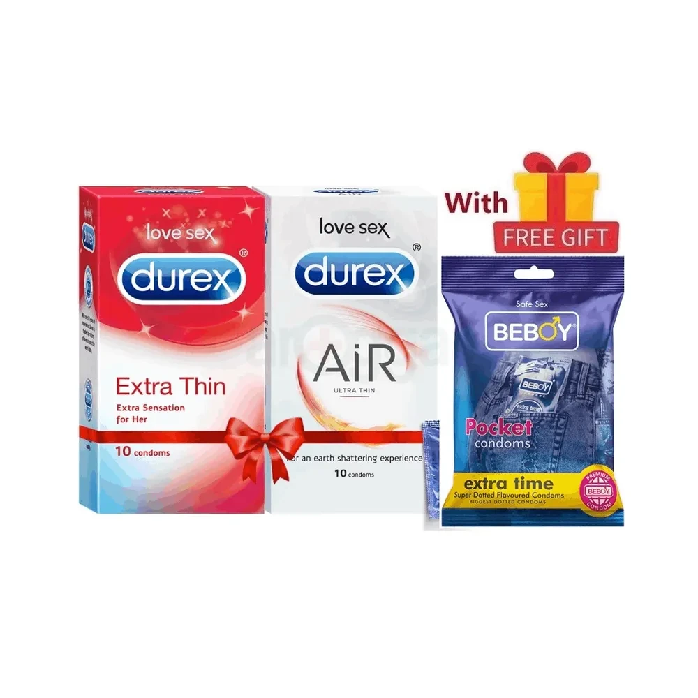 Durex HERO Combo = 23Pcs Condom + Durex Extra Thin 10s + Durex Air 10s + Beboy Extra Time Paan 3s + Free Gift