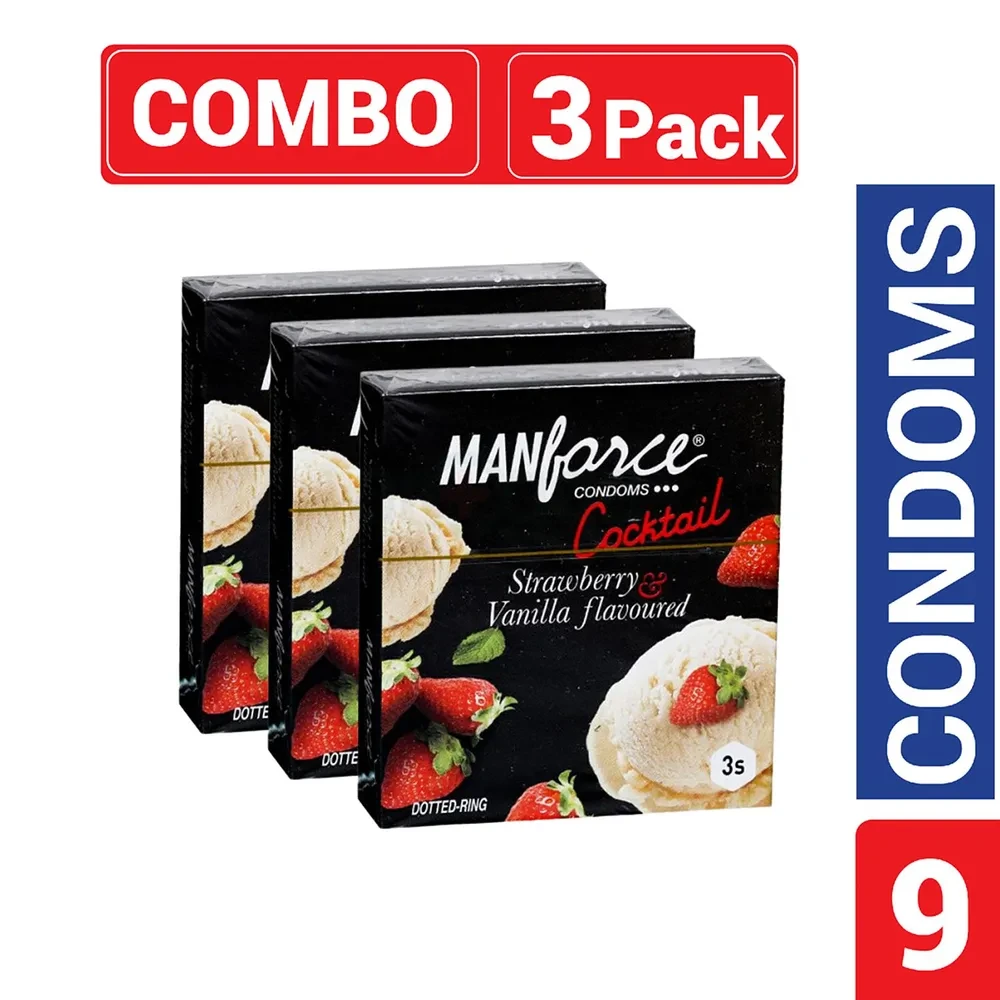 Manforce - Cocktail Condoms with Dotted-Rings Strawberry & Vanilla Flavored - Combo Pack - 3 Pack - 3x3=9pcs