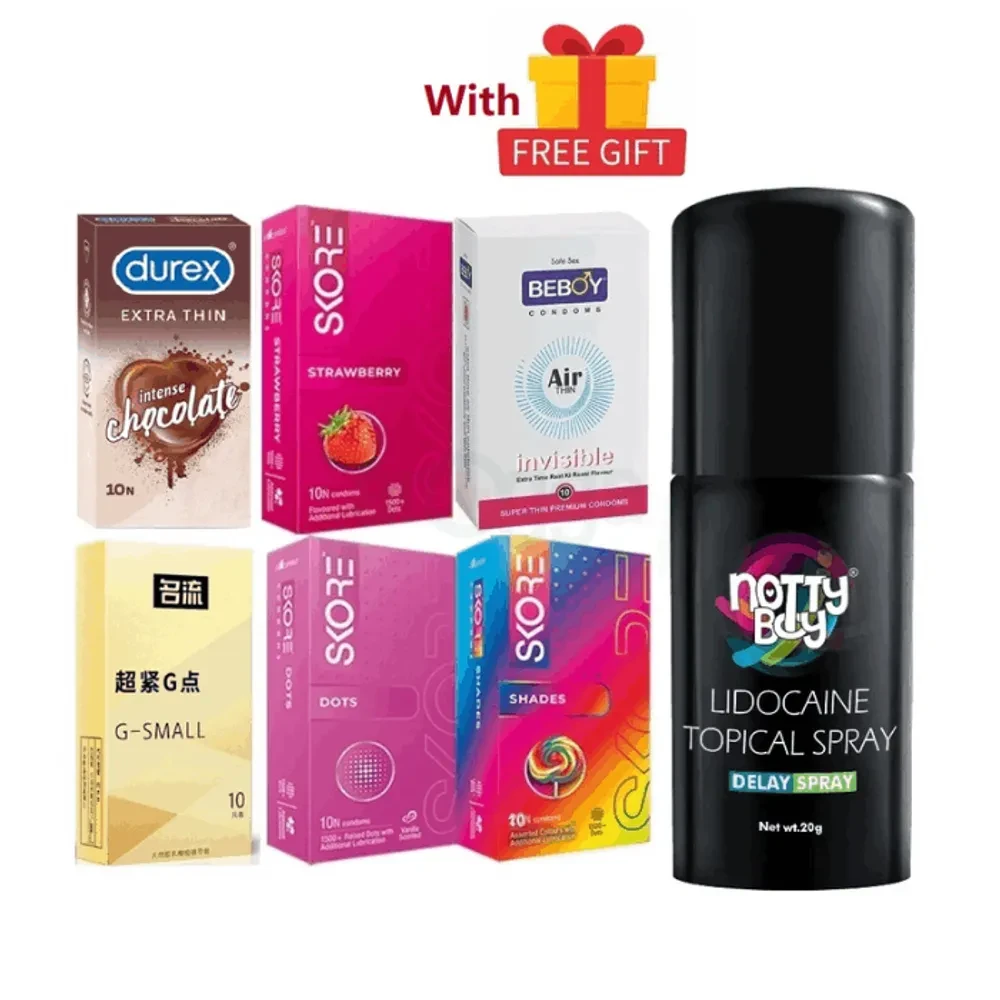Durex Lifestyle Combo 6x10 = 60Pcs + Durex Chocolate 10s + Skore Strawberry 10s + Dots 10s + Shades 10s + G Small 10s + Beboy Air Invisible 10s + Nottyboy Delay Spray + Free Gift