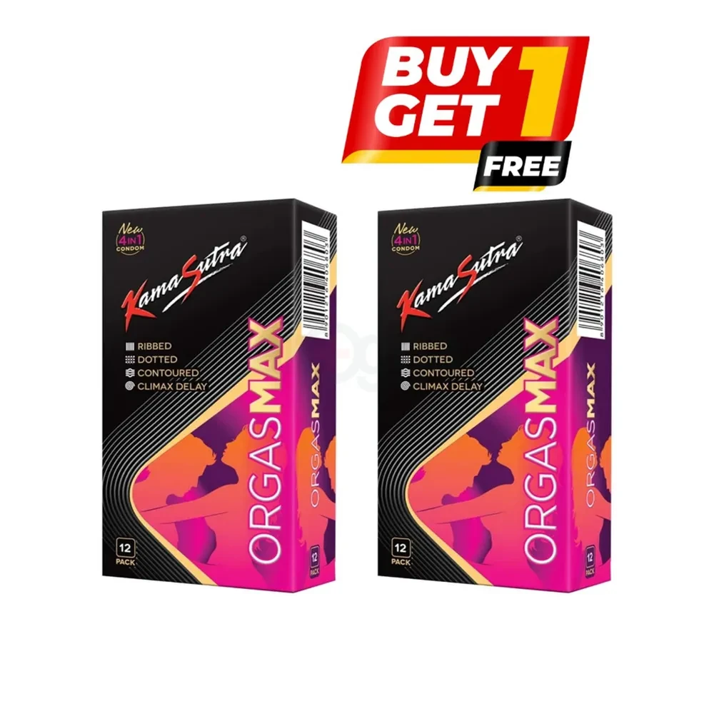 KamaSutra Orgasmax 4 in 1 Dotted ,Ribbed, Contoured, Climax Delay Condom - 12Pcs Pack - Buy 1 Get 1 Free