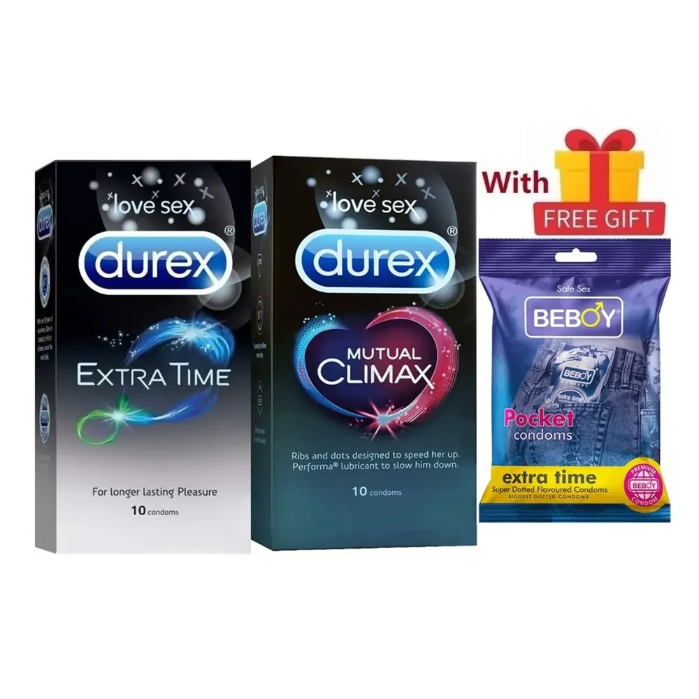Durex Inverted Combo = 23Pcs Condom + Durex Mutual Climax 10s + Durex Extra Time 10s + Beboy Extra Time Paan 3s + Free Gift