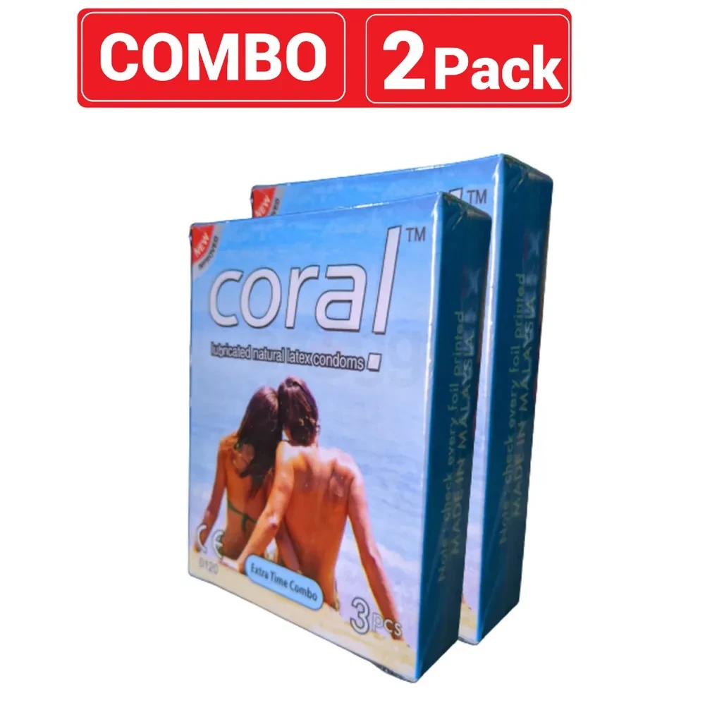 Coral - Extra Time Combo Lubricated Natural Latex Condom - Combo Pack - 2 Packs - 3X2 - 6Pcs - Condom