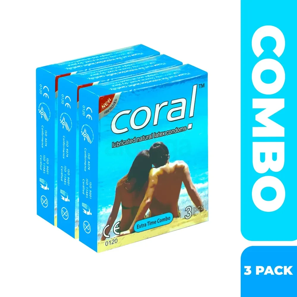 Coral - Extra Time Combo Lubricated Natural Latex Condom - Combo Pack - 3 Packs - 3x3 - 9pcs