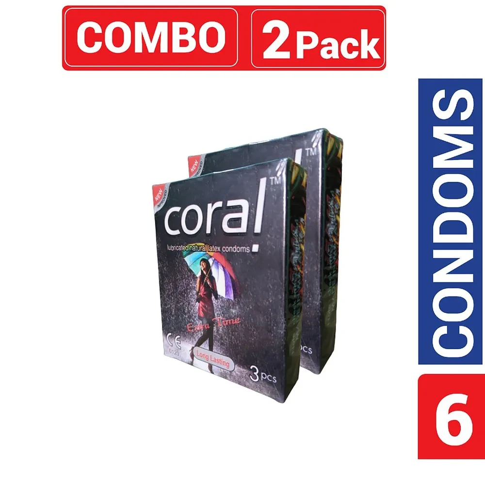 Coral - Long Lasting Extra Time Lubricated Natural Latex Condom - Combo Pack - 2 Packs - 3x2=6pcs