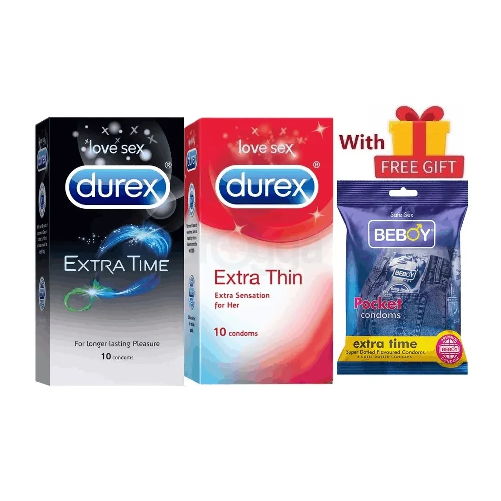 Durex Horse Power Combo = 23Pcs Condom + Durex Extra Time 10s + Durex Extra Thin 10s + Beboy Extra Time Dotted Paan 3s + Free Gift
