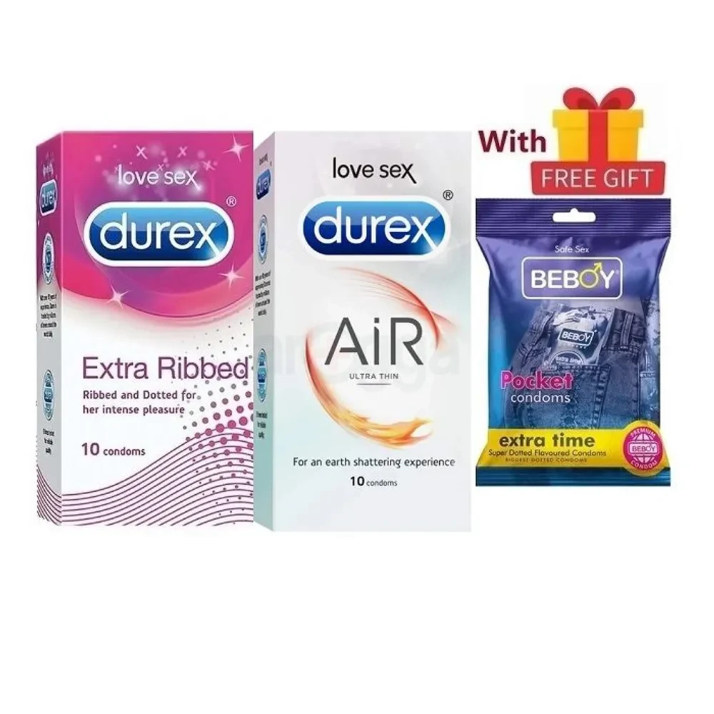 Durex Amore Love Combo = 23Pcs Condom + Durex Air 10s + Durex Extra Ribbed 10s + Beboy Extra Time Paan 3s + Free Gift