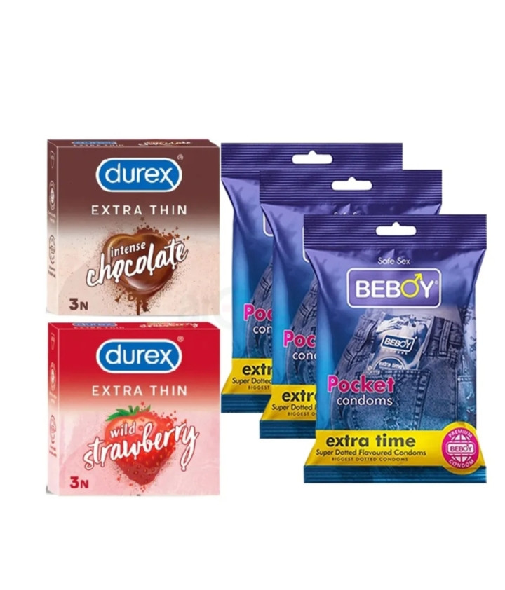 Durex Mini love Combo 3x5 = 15Pcs Condom - Durex Extra Thin Strawberry 3s + Durex Chocolate 3s + Beboy Paan 9s (39)