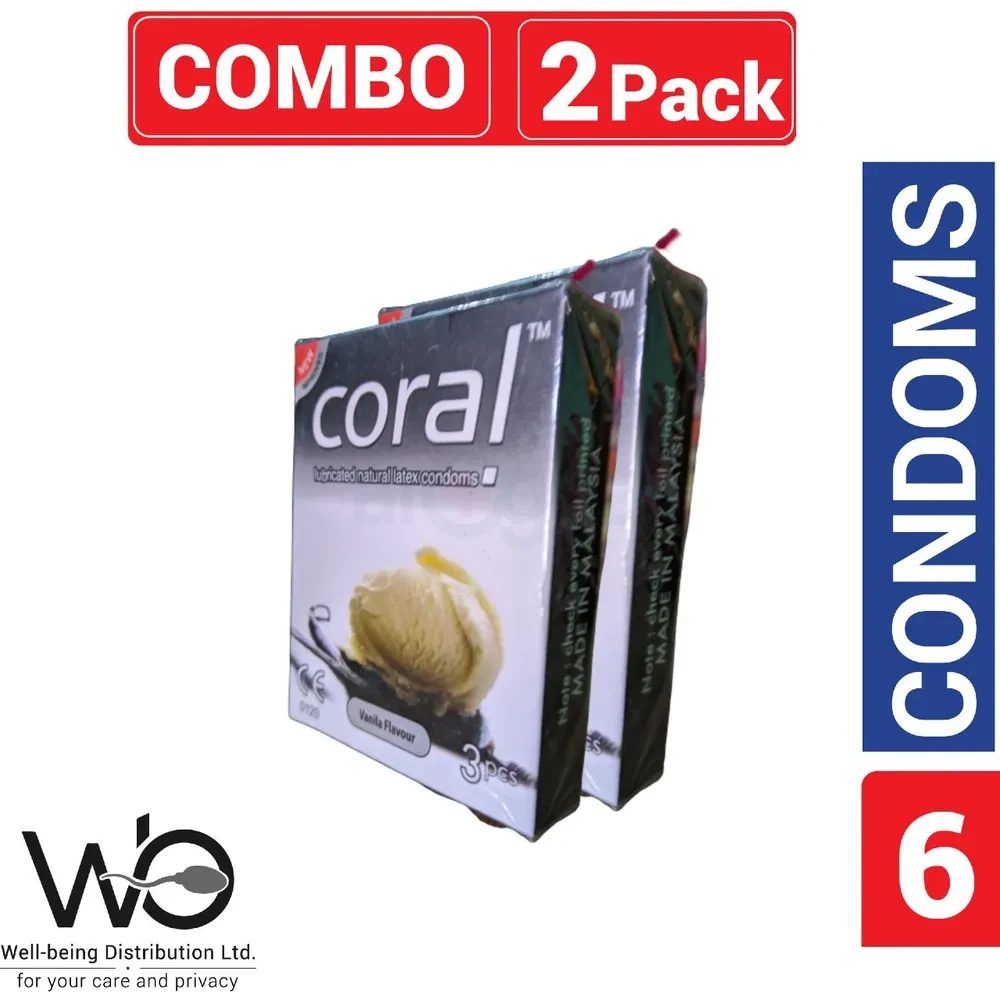 Coral - Vanilla Flavors Lubricated Natural Latex Condom - Combo Pack - 2 Packs - 6pcs