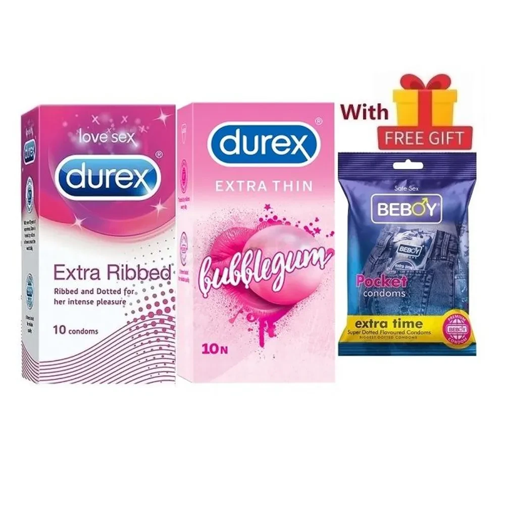 Durex ElitePro Combo = 23Pcs Condom + Durex Extra Ribbed 10s + Extra Thin Bubblegum 10s + Beboy Extra Time Paan 3s + Free Gift