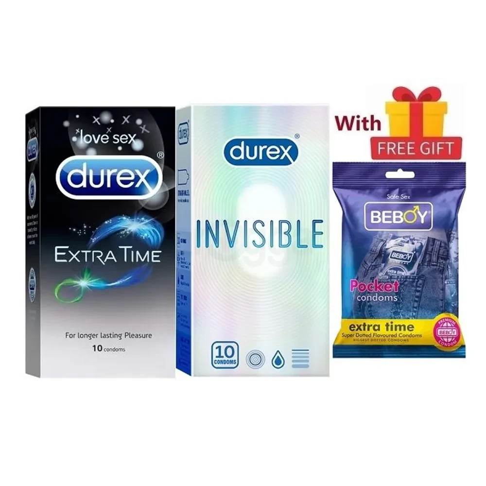 Durex Froggie Combo = 23Pcs Condom + Durex Invisible 10s + Durex Extra Time 10s + Beboy Extra Time Paan 3s + Free Gift