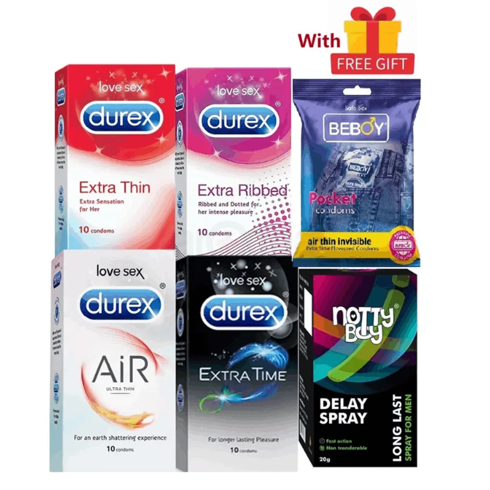 Durex Delay Combo = 43Pcs Condom + Nottyboy Delay Spray + Durex Extra Time 10s + Ribbed 10s + Dots 10s + Air 10s + Beboy Extra Time 3s + With Free Gift
