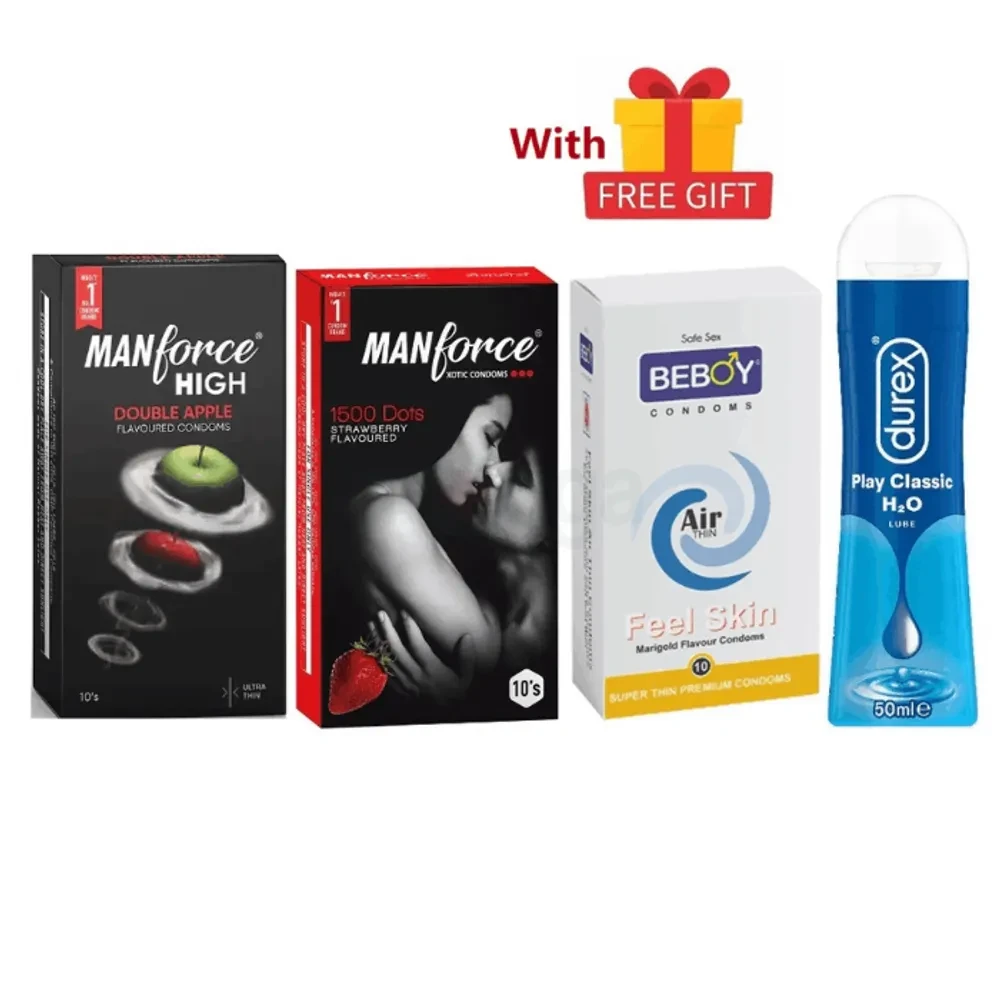 Manforce High Combo 3x10 = 30Pcs Condom + Durex Play Classic Lube Gel 50ml + Manforce High Apple 10s + Strawberry 10s + Beboy Air Feel Skin 10s + Free Gift
