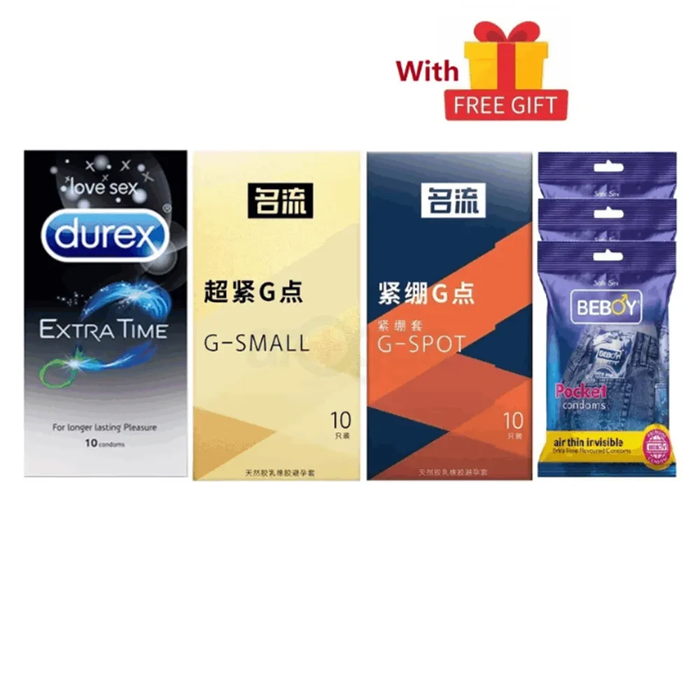 Durex Small Fit Combo = 39Pcs Condom + Durex Extra Time 10s + Celebrity G Small Gold 10s + Celebrity G Spot 49mm Dot 10s + Beboy Air Thin Invisible Mango 9s + Free Gift