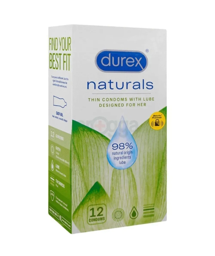 Durex Naturals Thin Condoms With Lube Designed For Her Condom 12's Pack